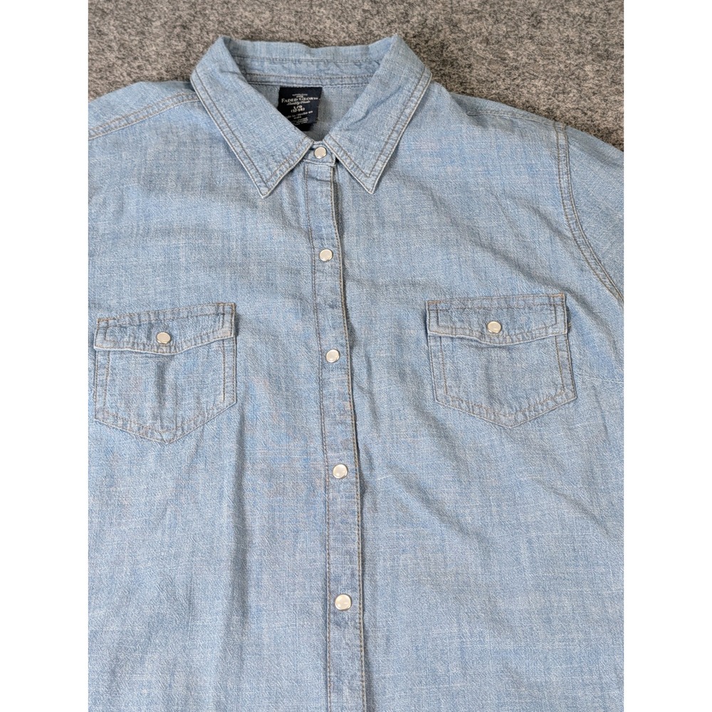 Faded Glory Womens Blue Chambray Short Sleeve Snap Button Down Shirt Large 12-14 - Picture 2 of 9